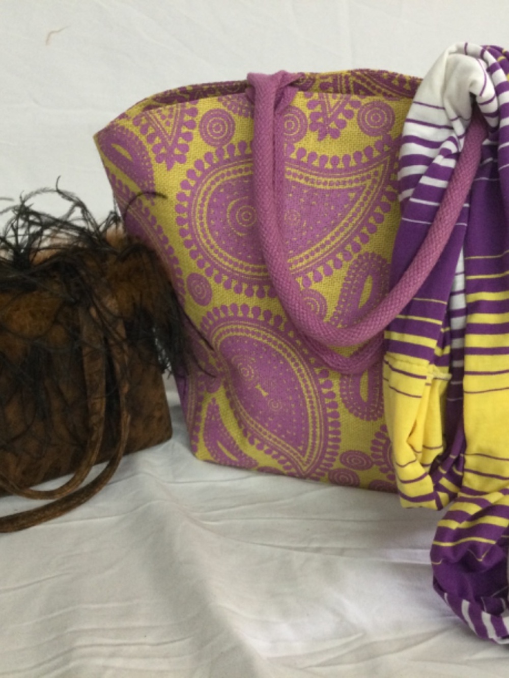 2 Bags, 1 Purple & Gold Paisley Jute Travel & Tiger Stripe With Feathers & Scarf